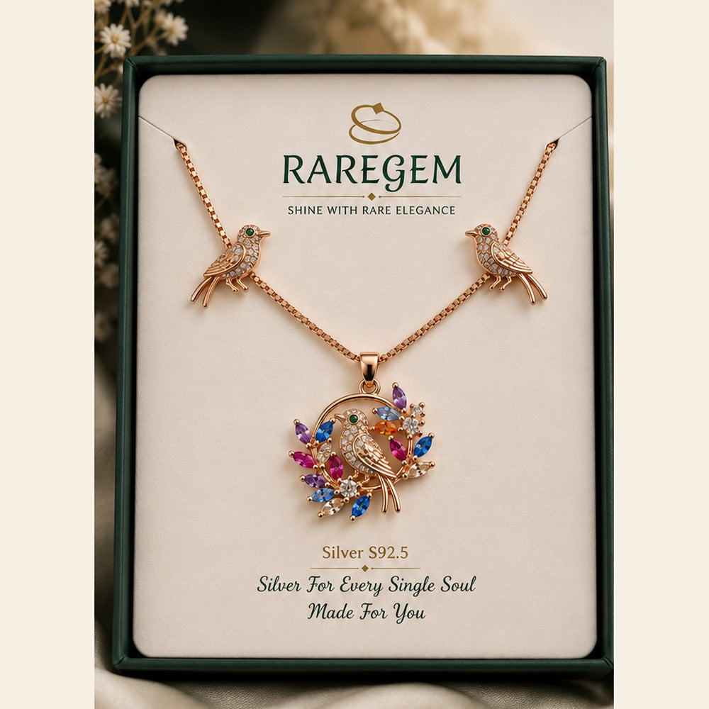 Bird CZ pendant, chain and matching earrings in gift box, RG-017