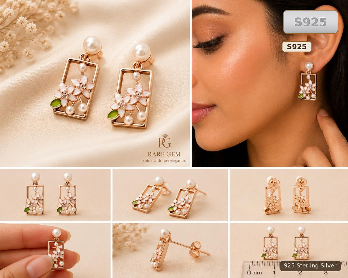 Gold Tone 925 Sterling Silver Floral Pearl Earrings for Women