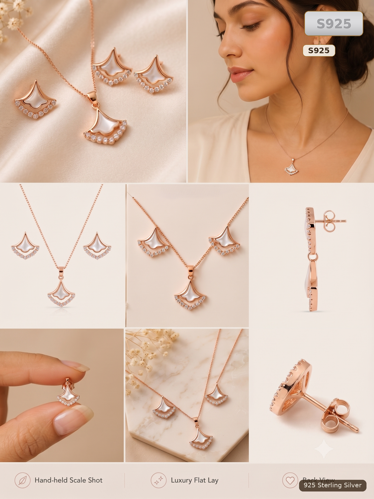 Rose Gold Fan 925 Sterling Silver Jewellery Set for Women