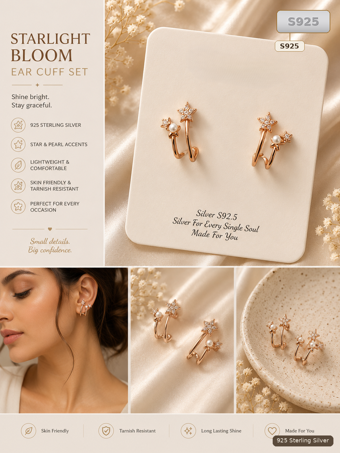 Gold-Tone Sterling Silver Star Pearl Ear Cuff Set for Women