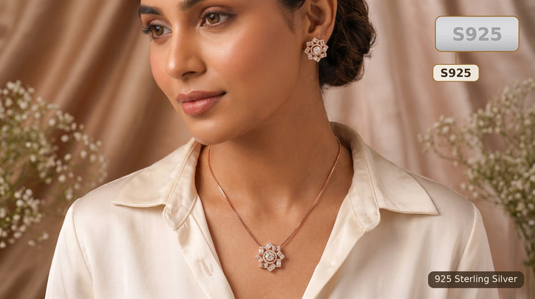 Rose Gold Tone Sterling Silver Floral Jewellery Set for Women