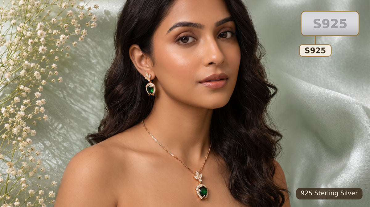 Green S925 Sterling Silver Necklace And Earrings Set for Women
