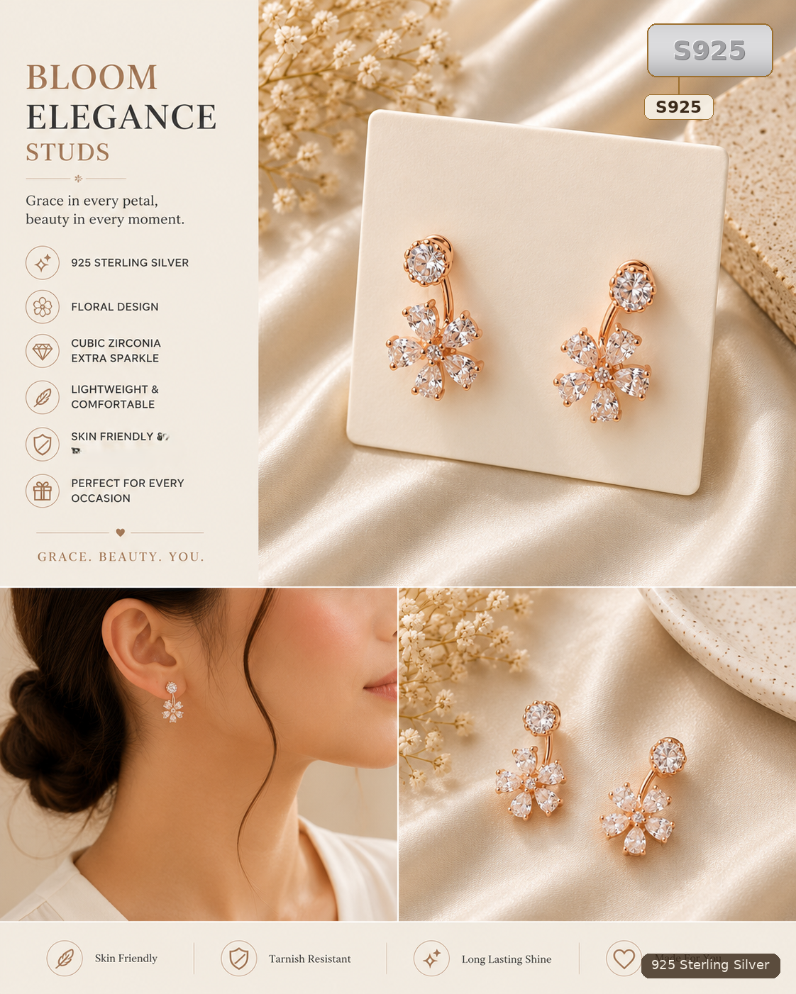 Rose Gold 925 Sterling Silver Floral Stud Earrings for Women