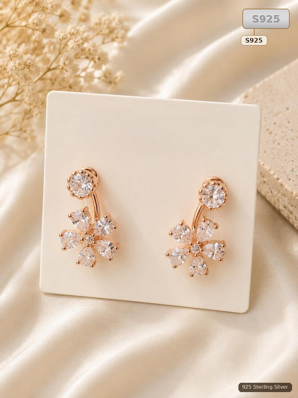 Rose Gold 925 Sterling Silver Floral Stud Earrings for Women