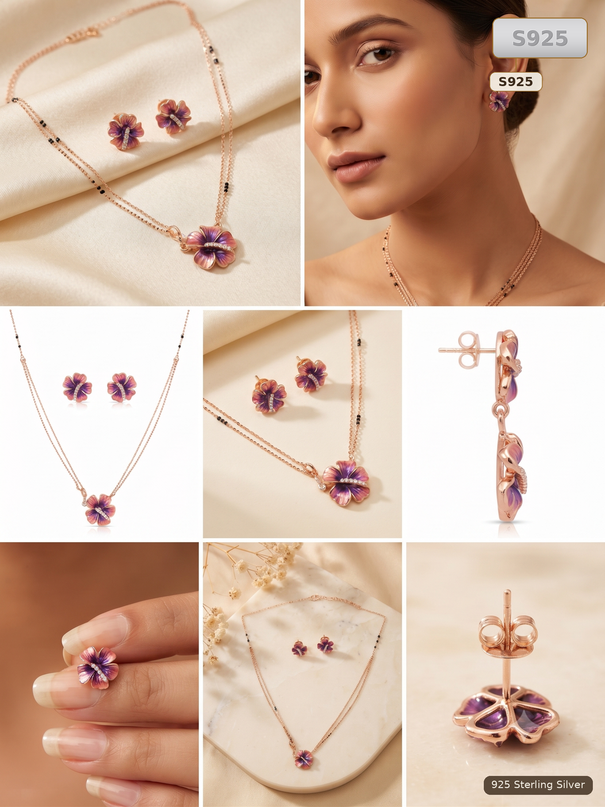 Rose Gold 925 Sterling Silver Floral Necklace And Earrings Set