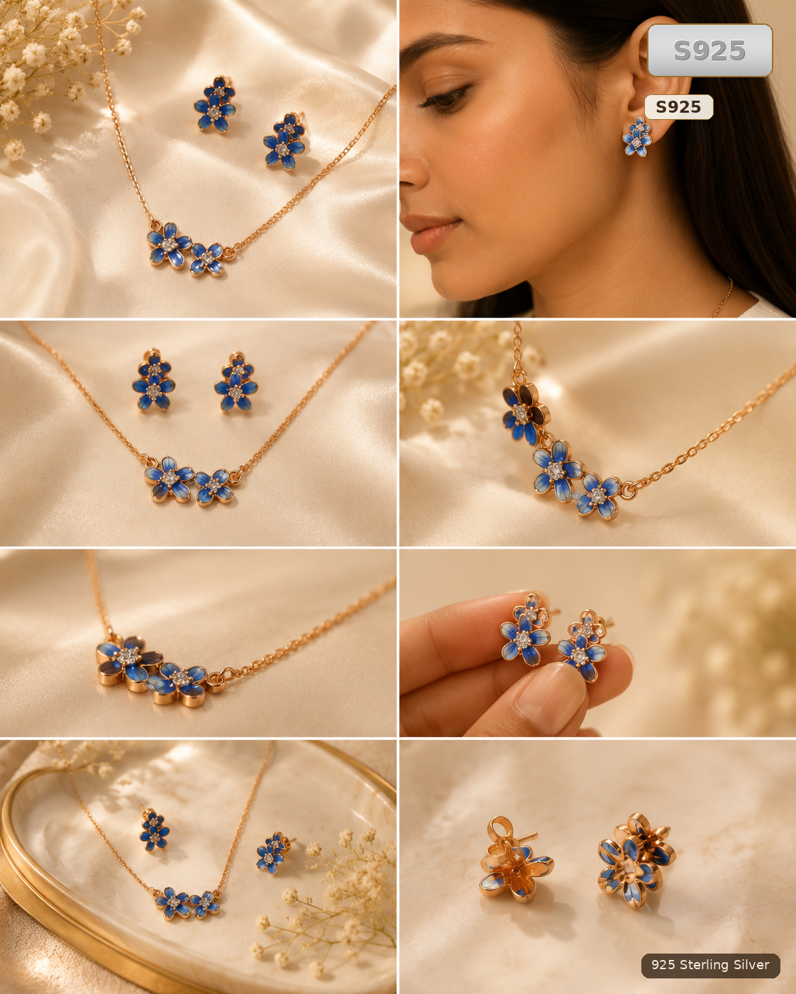 Blue Sterling Silver Floral Necklace Set for Women