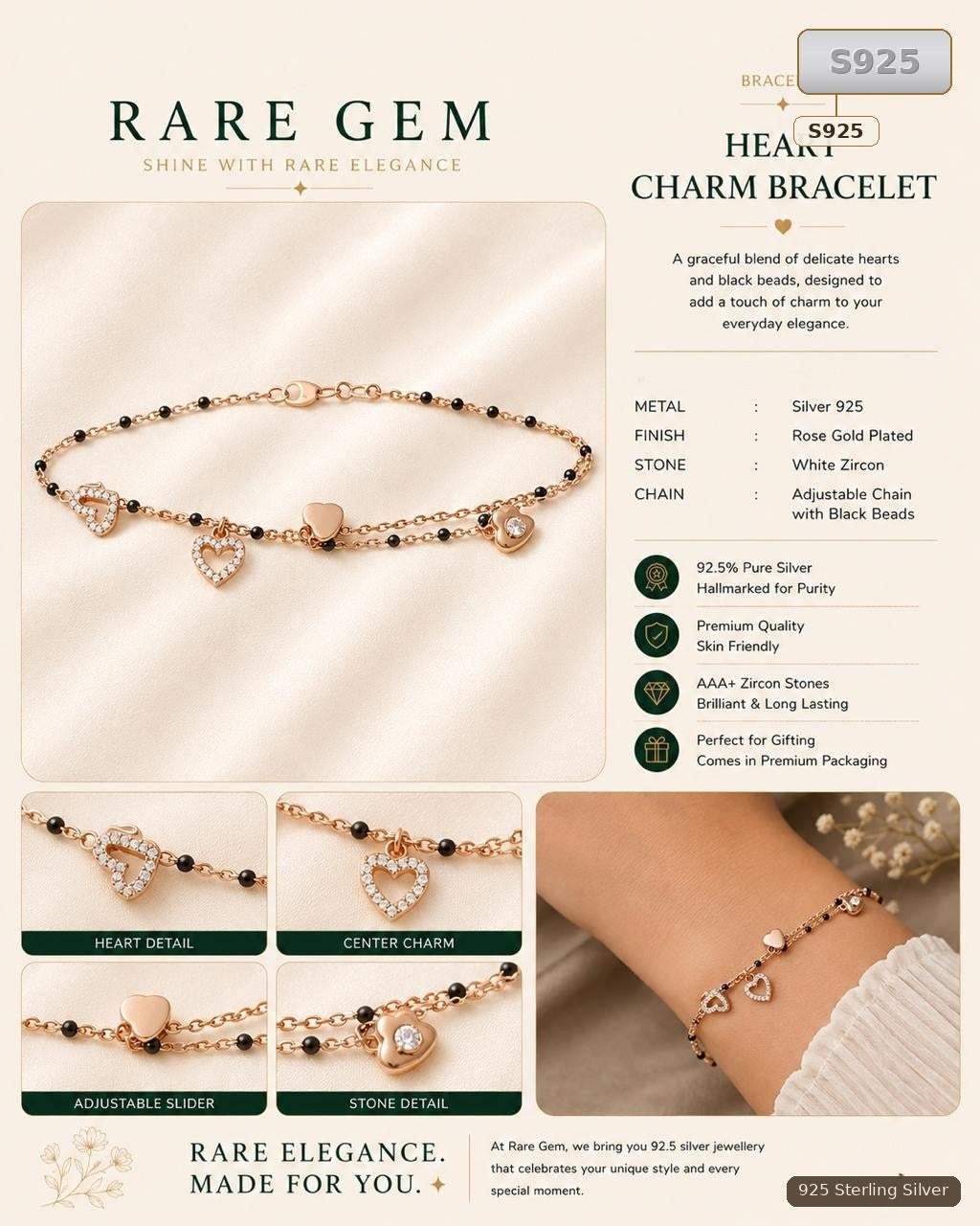 Rose Gold Plated 925 Silver Heart Charm Bracelet for Women