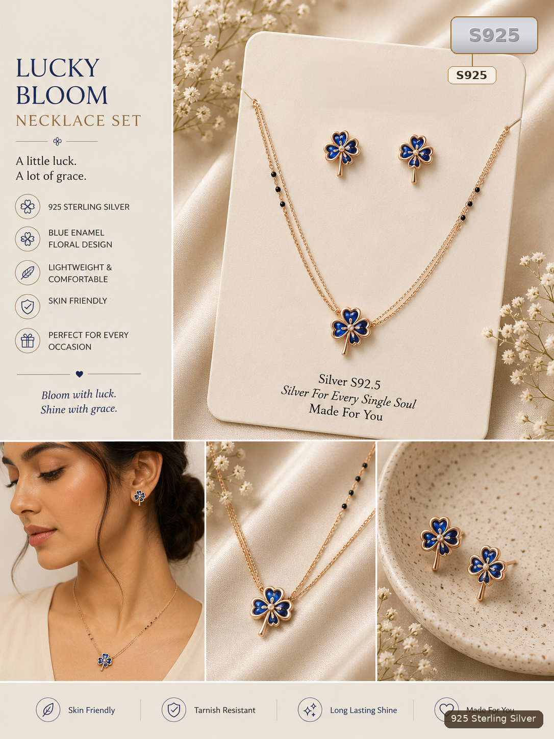 Blue Sterling Silver Floral Necklace Set for Women