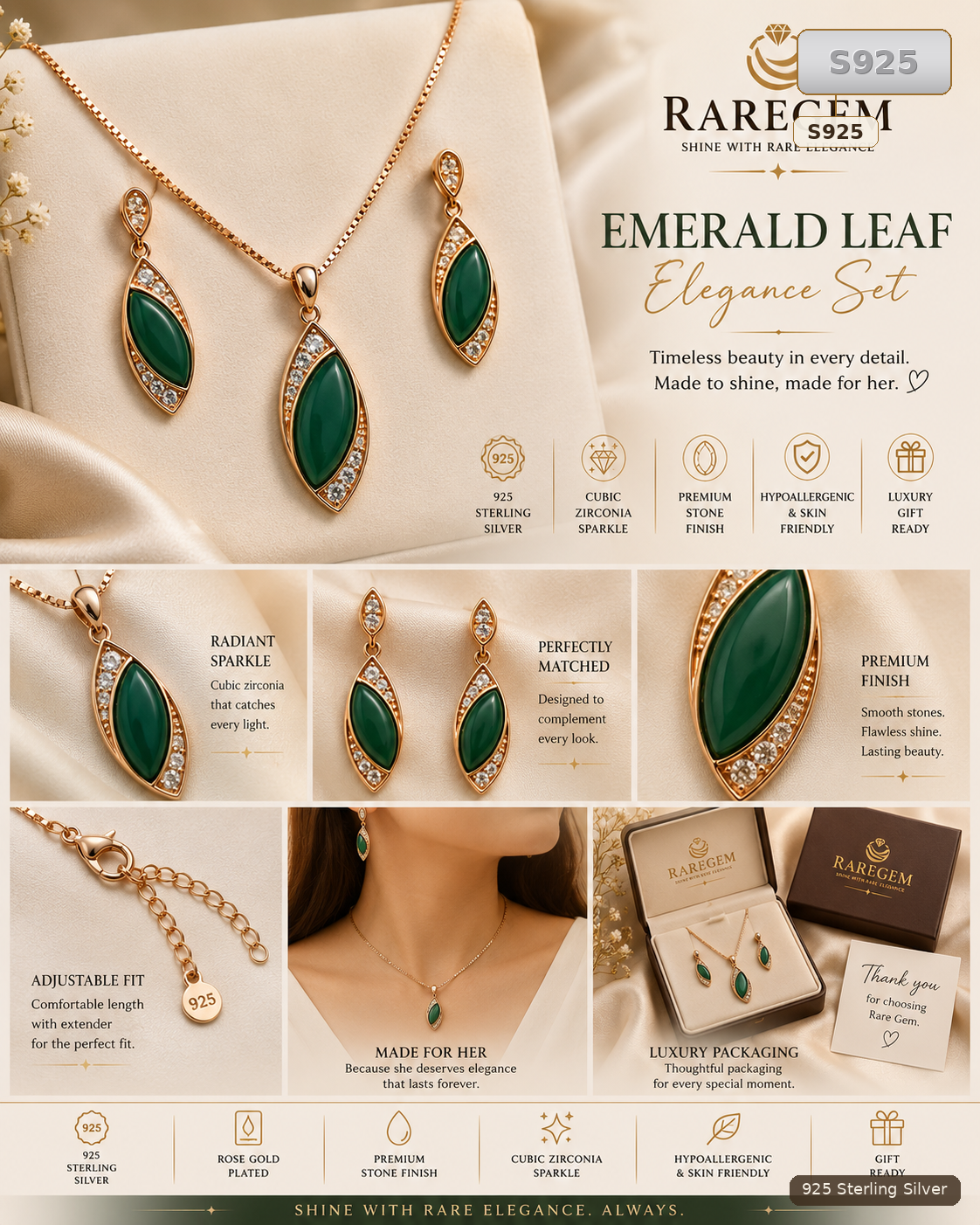 Green Sterling Silver Jade Leaf Jewellery Set for Women