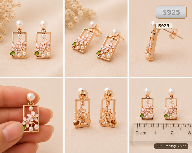 Gold Tone 925 Sterling Silver Floral Pearl Earrings for Women