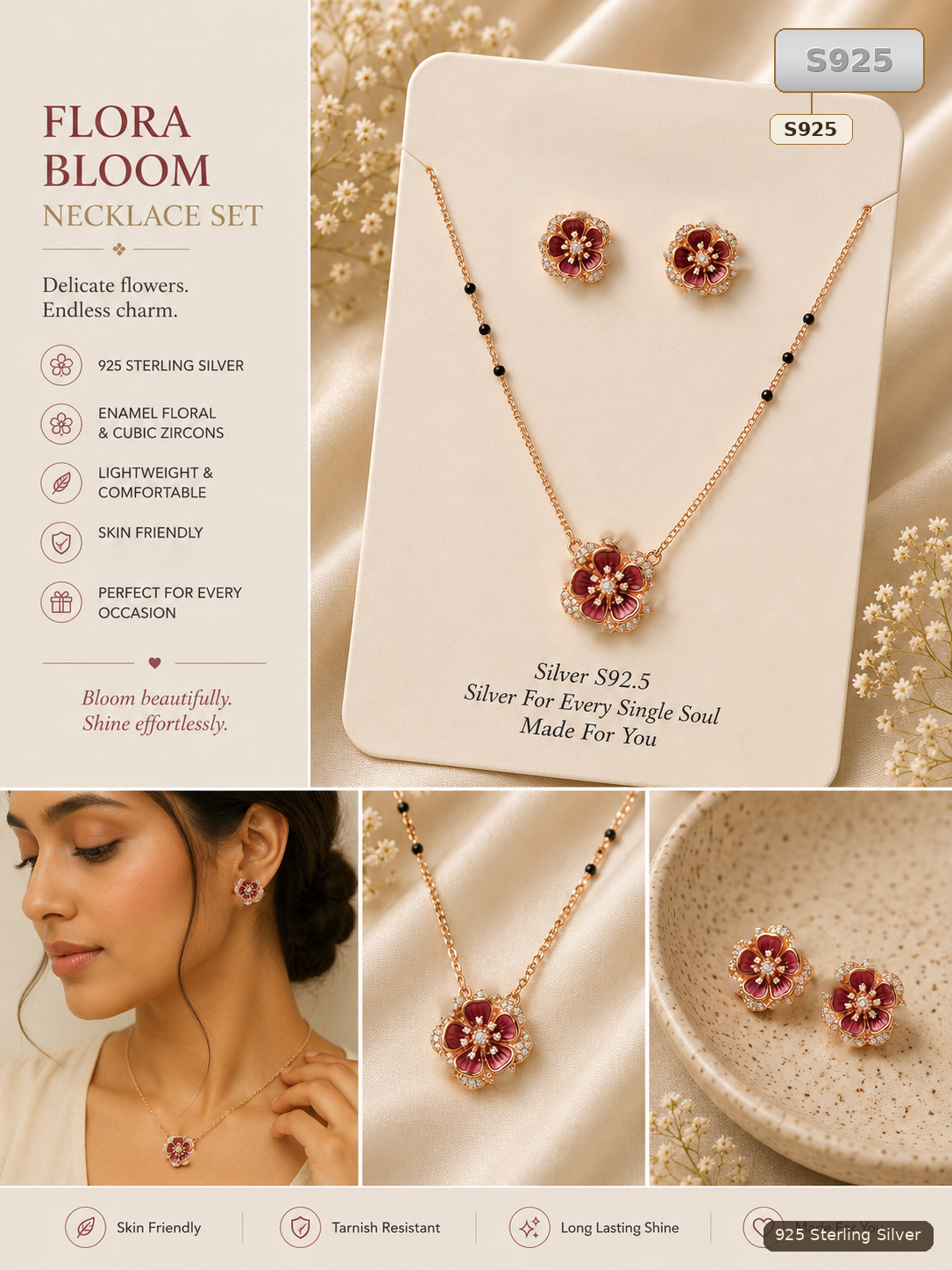 Rose Gold 925 Sterling Silver Floral Necklace Set for Women