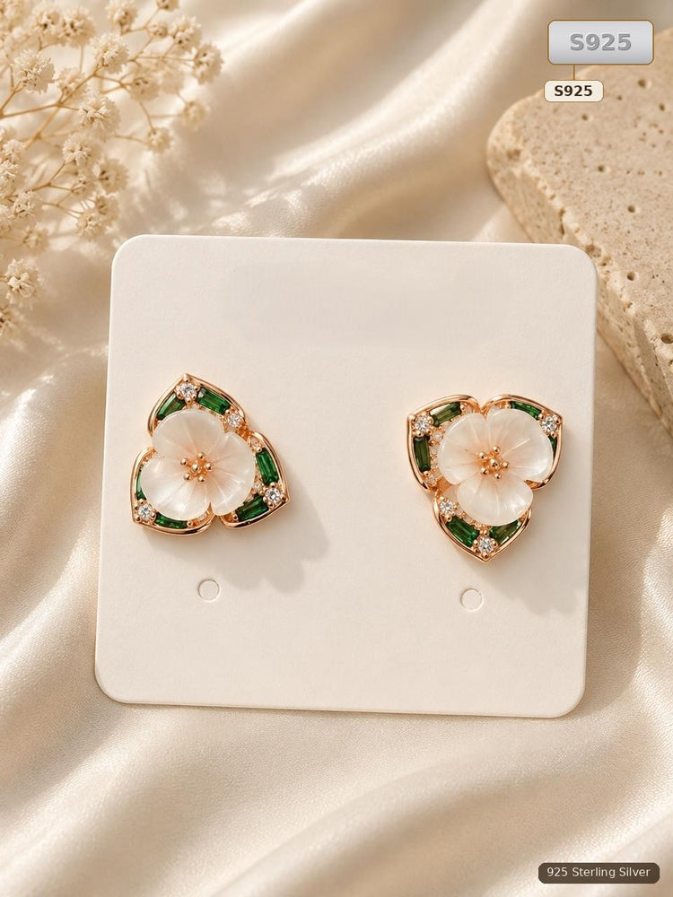 Green Mother Of Pearl Floral Stud Earrings for Women