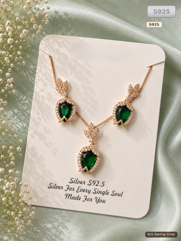 Green S925 Sterling Silver Necklace And Earrings Set for Women