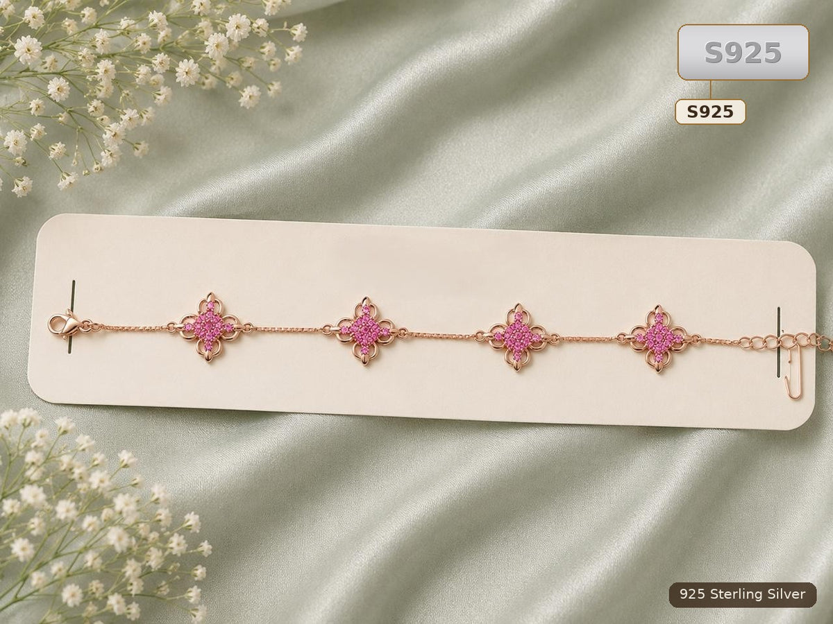 Pink 925 Sterling Silver Floral Bracelet for Women