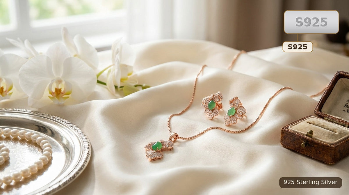 Rose Gold S925 Jade Green And Pink Stone Jewellery Set For Women