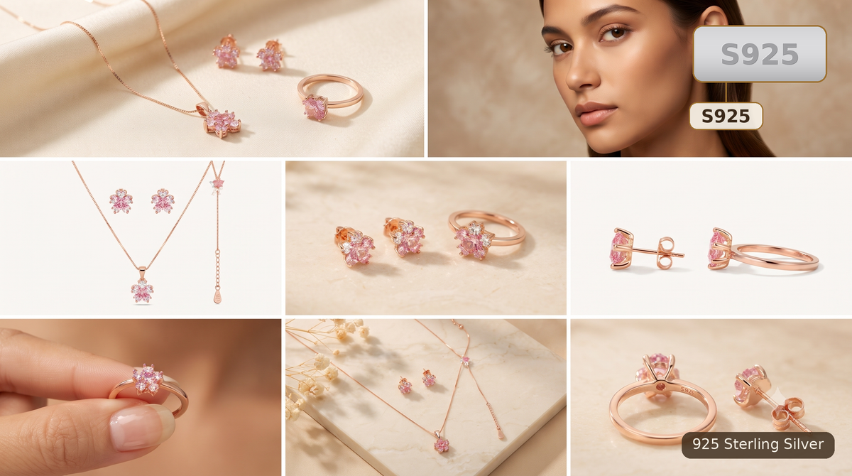Rose Gold Sterling Silver Floral Jewellery Set for Women