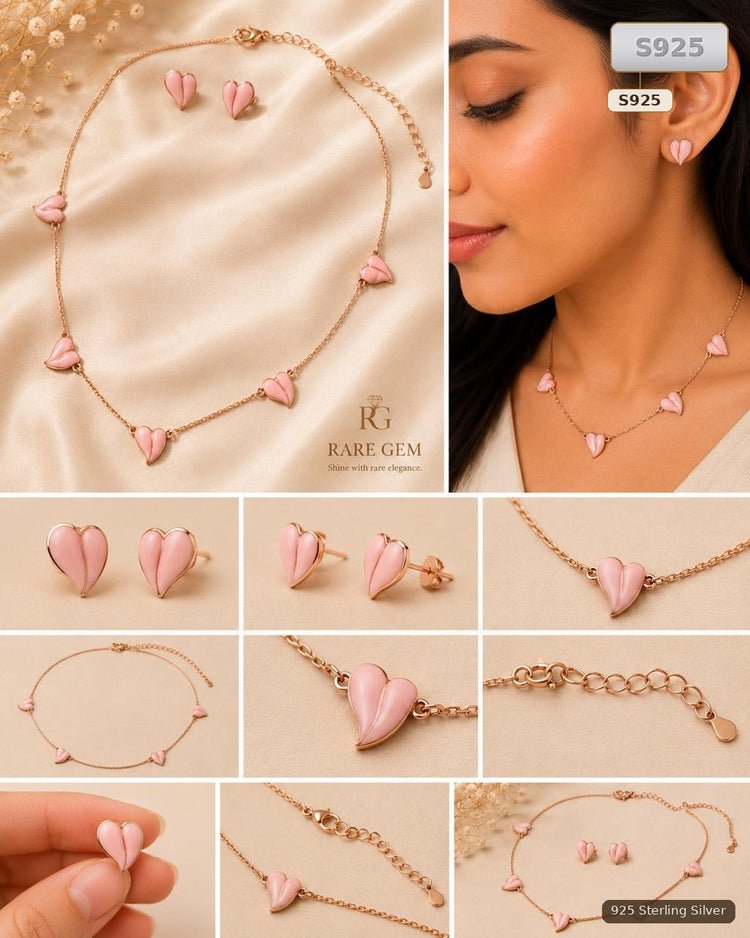 Pink Sterling Silver Heart Necklace And Earrings Set for Women