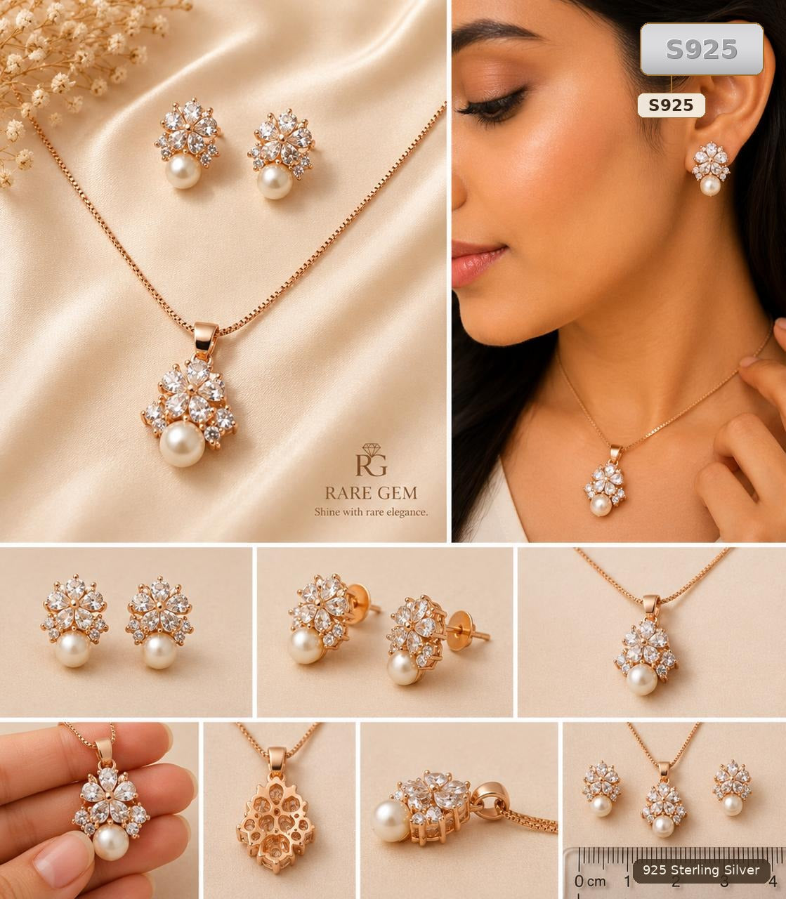Gold Tone Sterling Silver Floral Pearl Jewellery Set for Women