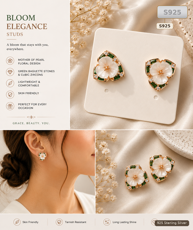 Green Mother Of Pearl Floral Stud Earrings for Women