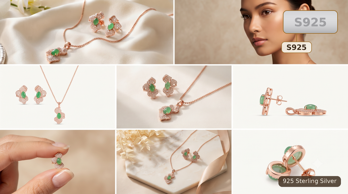 Rose Gold S925 Jade Green And Pink Stone Jewellery Set For Women