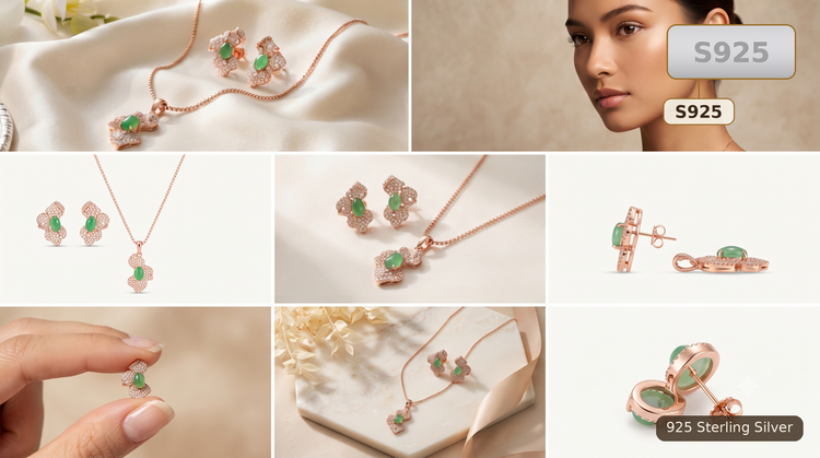 Rose Gold S925 Jade Green And Pink Stone Jewellery Set For Women