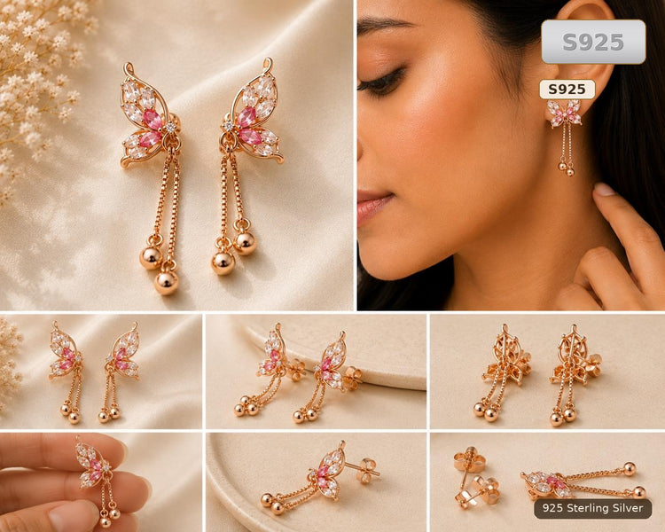 Gold Tone Sterling Silver Butterfly Drop Earrings for Women