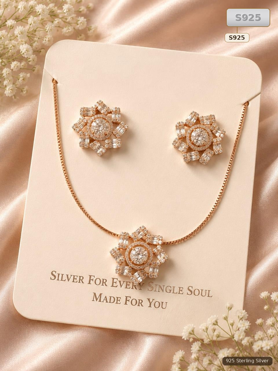 Rose Gold Tone Sterling Silver Floral Jewellery Set for Women