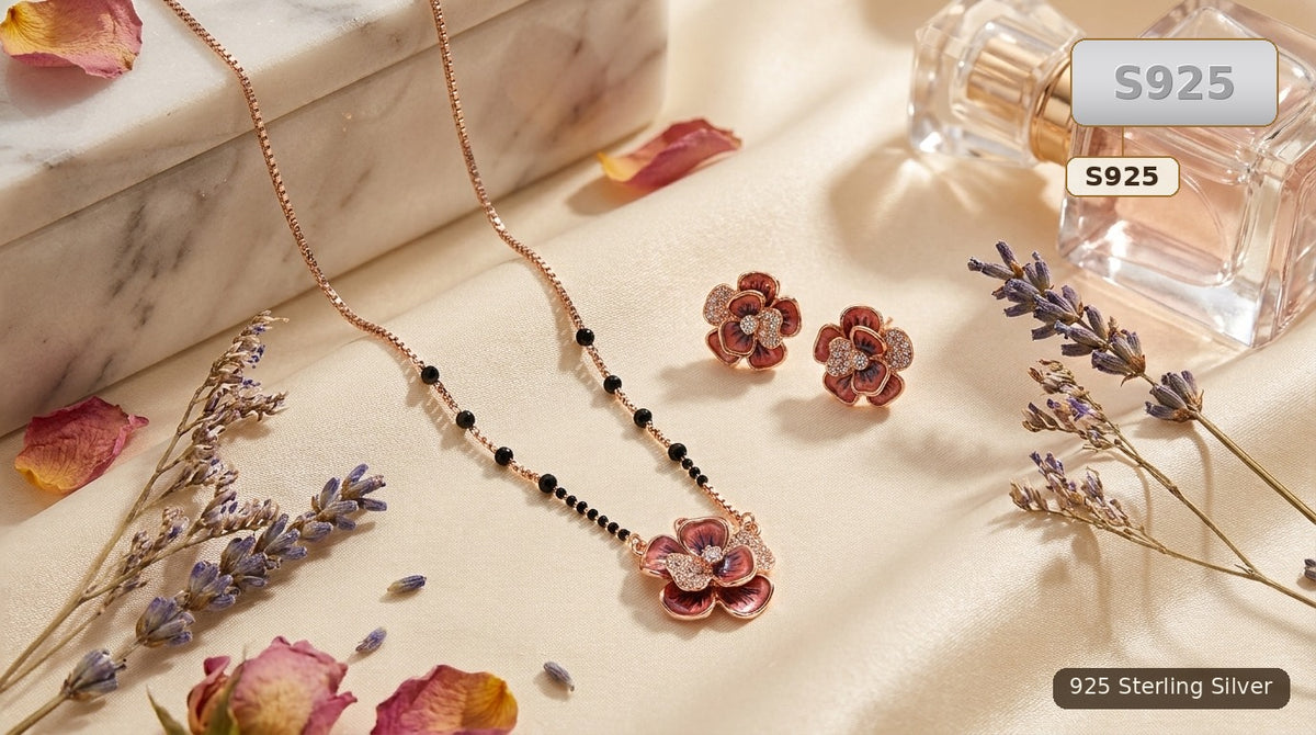 Rose Gold Sterling Silver Floral Necklace And Earrings Set for Women