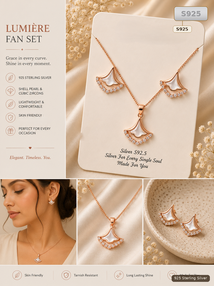 Rose Gold Fan 925 Sterling Silver Jewellery Set for Women