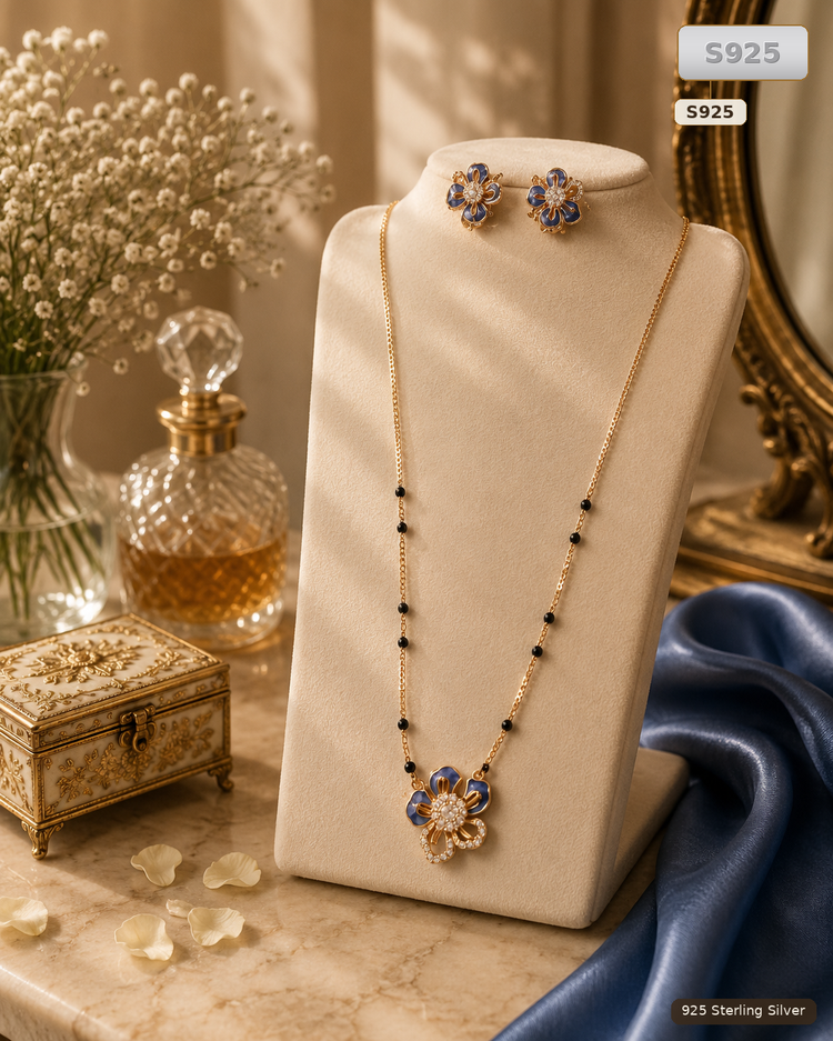Blue Sterling Silver Floral Necklace And Earrings Set for Women