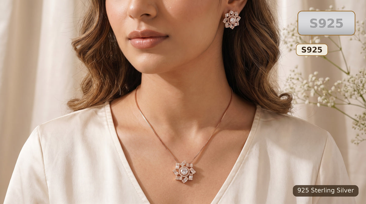 Rose Gold Tone Sterling Silver Floral Jewellery Set for Women