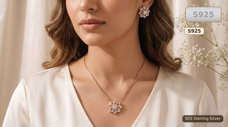 Rose Gold Tone Sterling Silver Floral Jewellery Set for Women