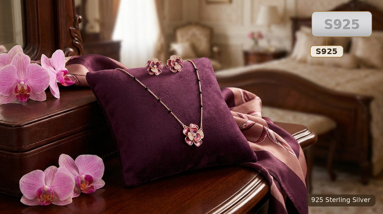 Rose Gold Sterling Silver Floral Necklace And Earrings Set for Women