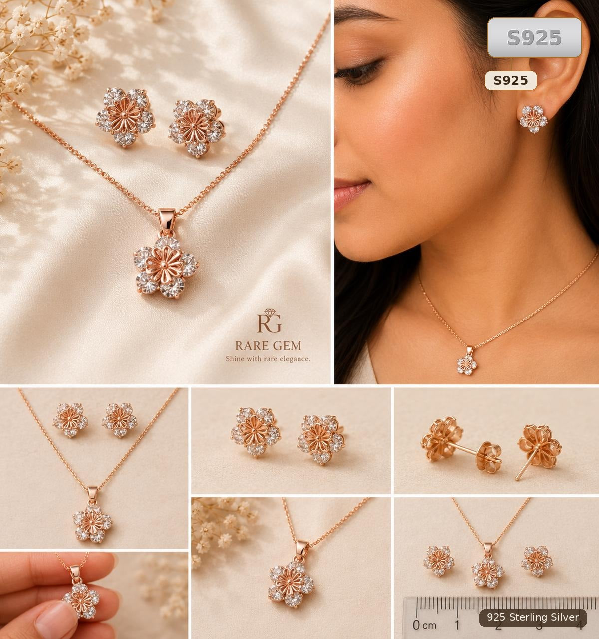 Rose Gold Sterling Silver Floral Jewellery Set for Women