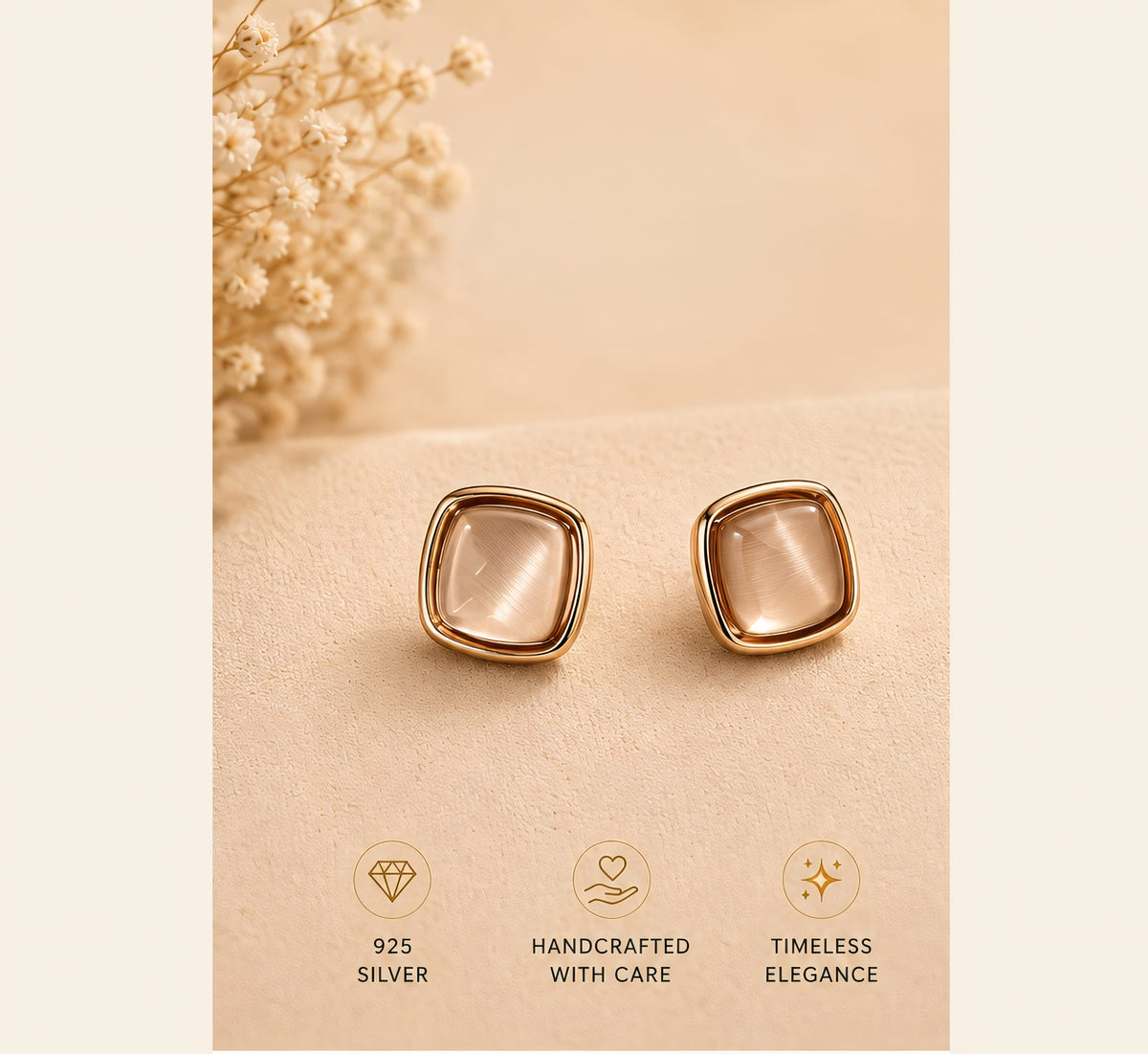Cream square stud earrings with rose gold tone borders