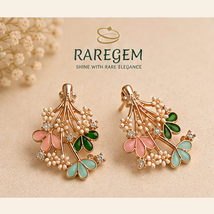 Pink and green enamel petal cluster earrings