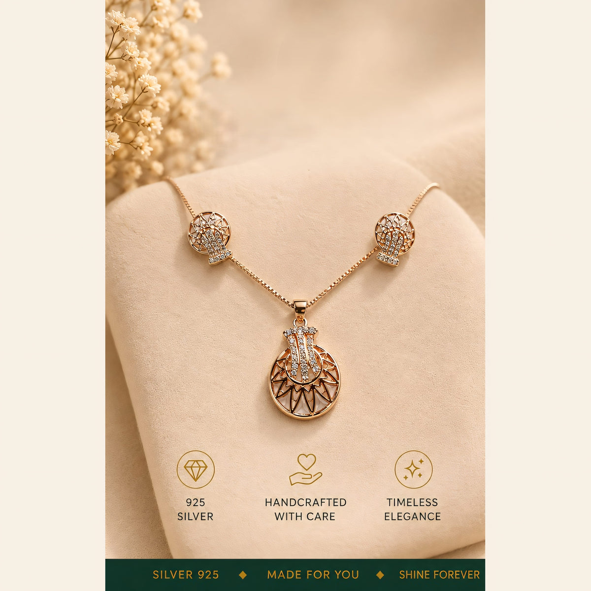 Mandala circle pendant with chain and matching earrings