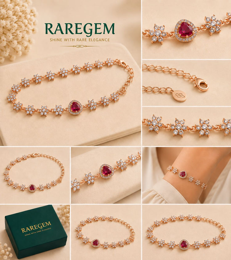 Ruby Heart CZ Flower Bracelet, RG-020