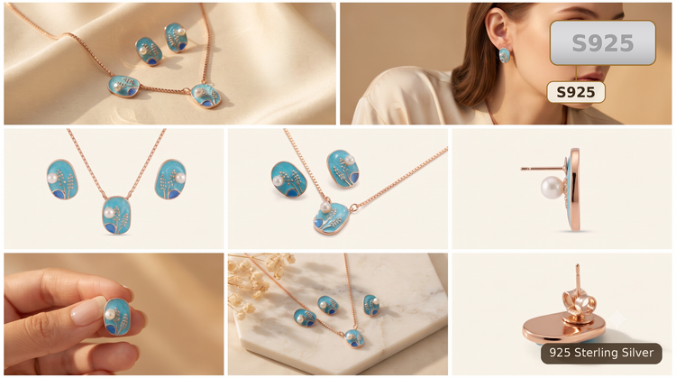 Blue Sterling Silver Oval Jewellery Set for Women