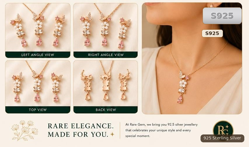Rose Gold 925 Silver Floral Necklace And Earrings Set for Women