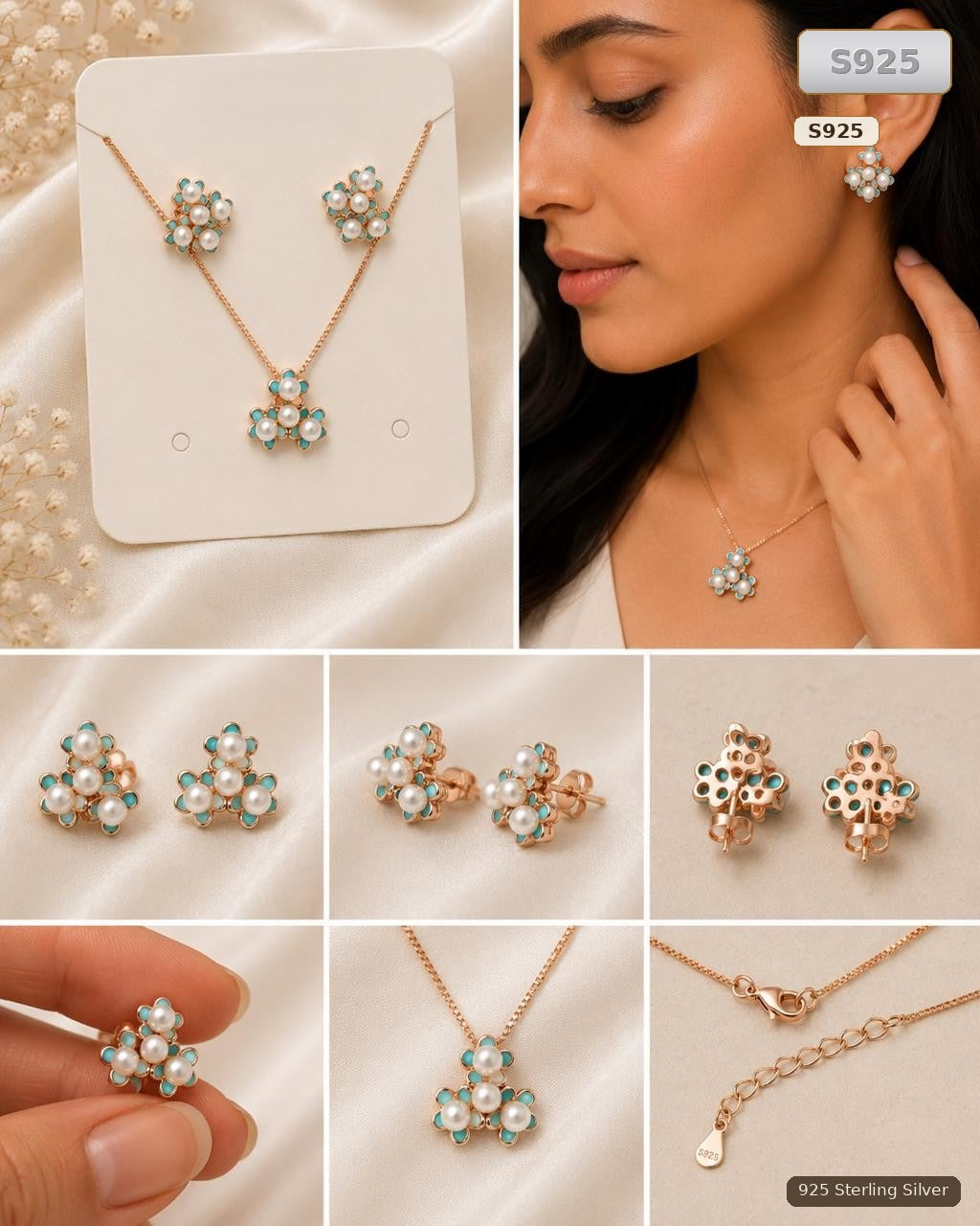 Rose Gold Sterling Silver Floral Necklace And Earrings Set for Women