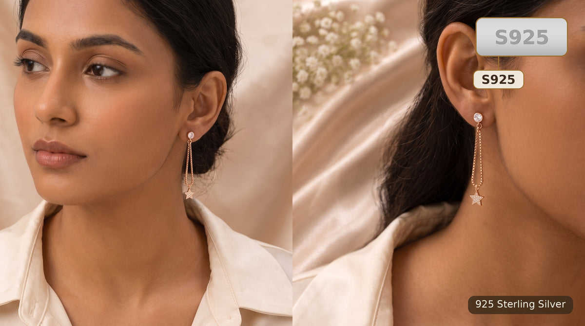 Gold Tone Sterling Silver Star Drop Earrings for Women