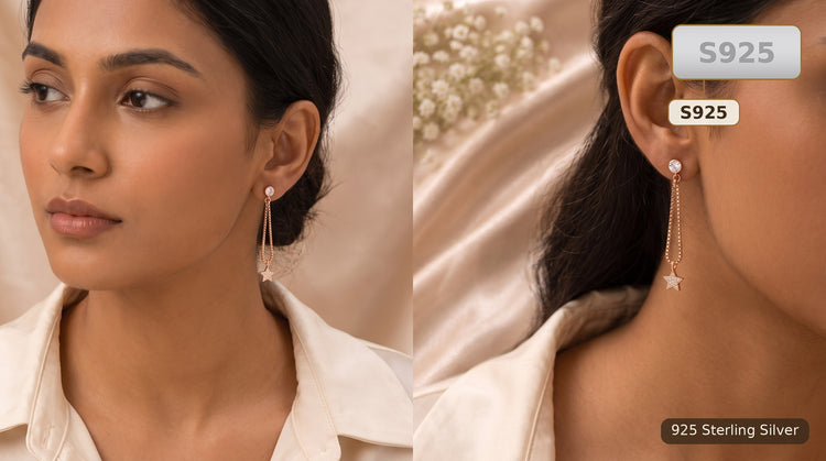 Gold Tone Sterling Silver Star Drop Earrings for Women