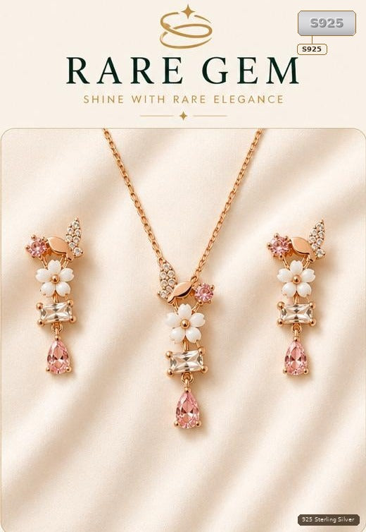 Rose Gold 925 Silver Floral Necklace And Earrings Set for Women