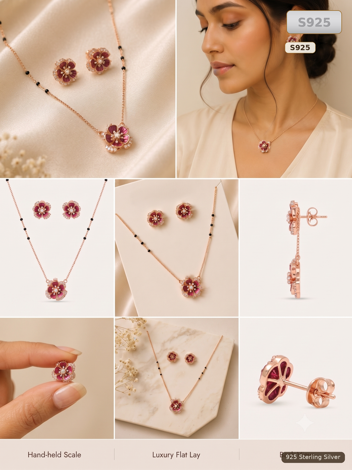 Rose Gold 925 Sterling Silver Floral Necklace Set for Women