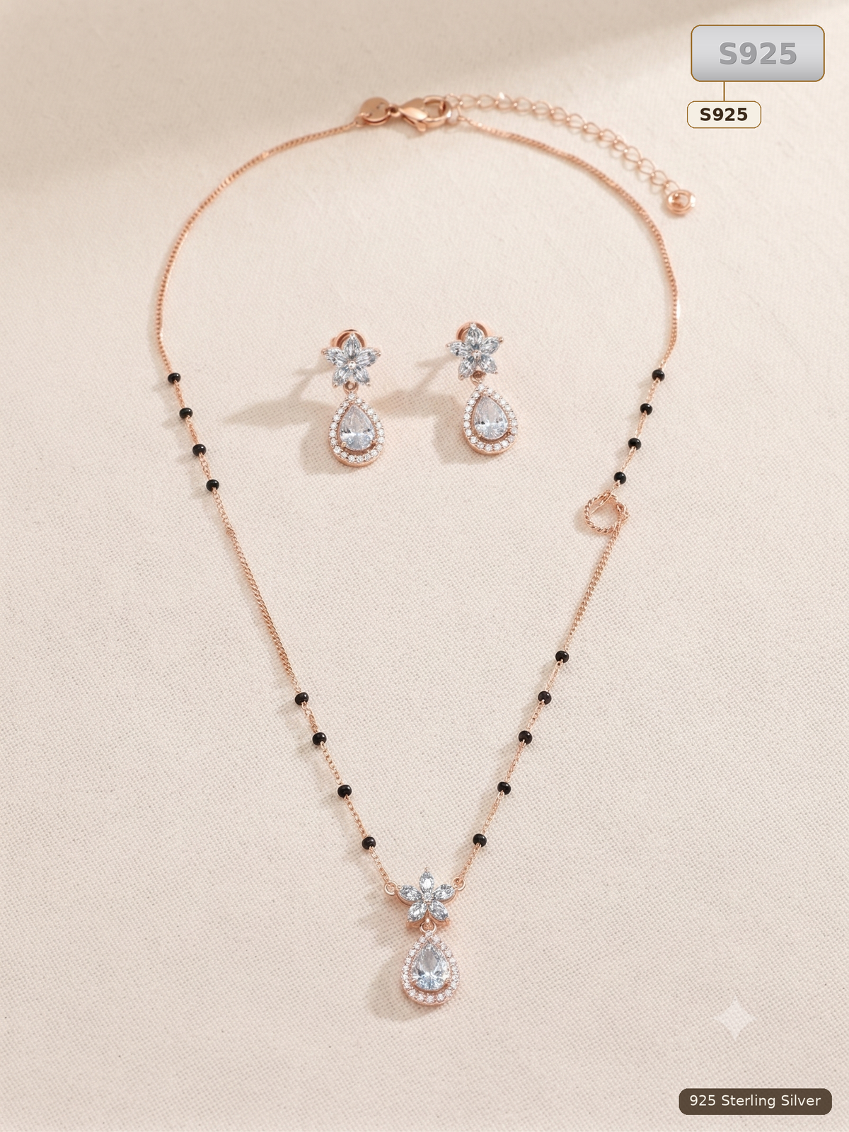 Rose Gold 925 Sterling Silver Necklace And Earrings Set for Women