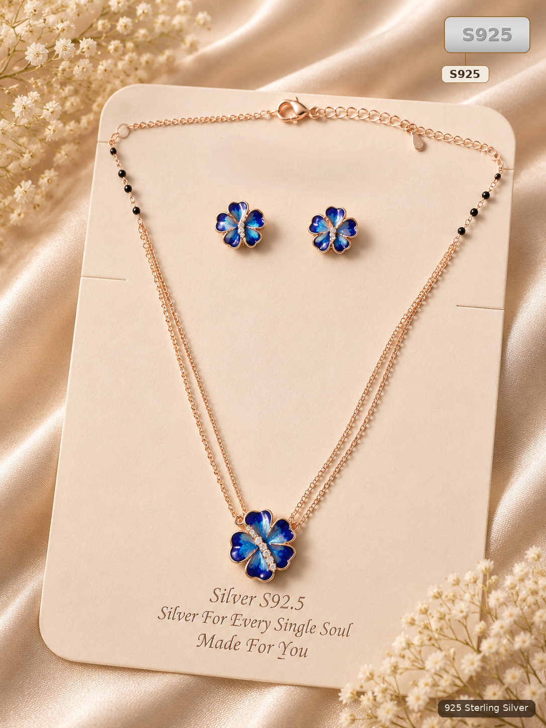 Blue Sterling Silver Floral Necklace And Earrings Set for Women