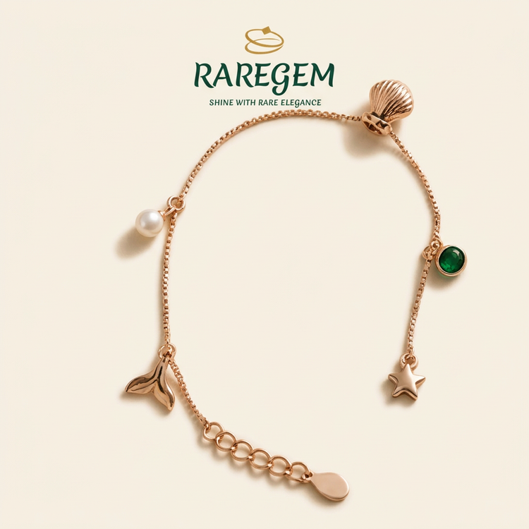 RG-014 Ocean Charm Bracelet on warm ivory with RAREGEM logo