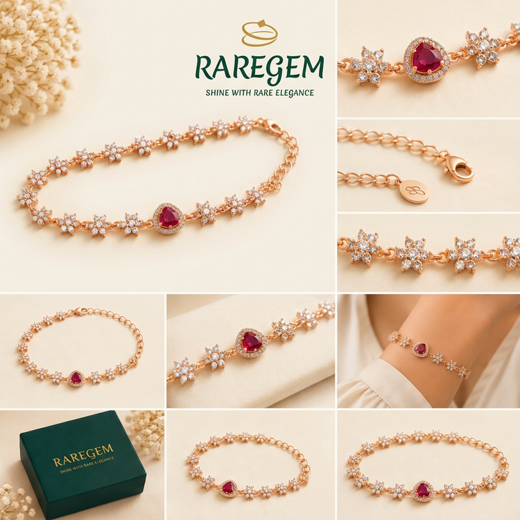 RG-020 Ruby Heart CZ Flower Bracelet on warm ivory with RAREGEM logo