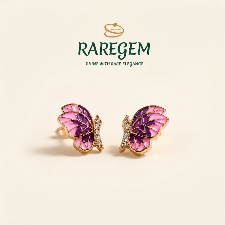 RG-019 Purple Butterfly Enamel CZ Studs on warm ivory with RAREGEM logo